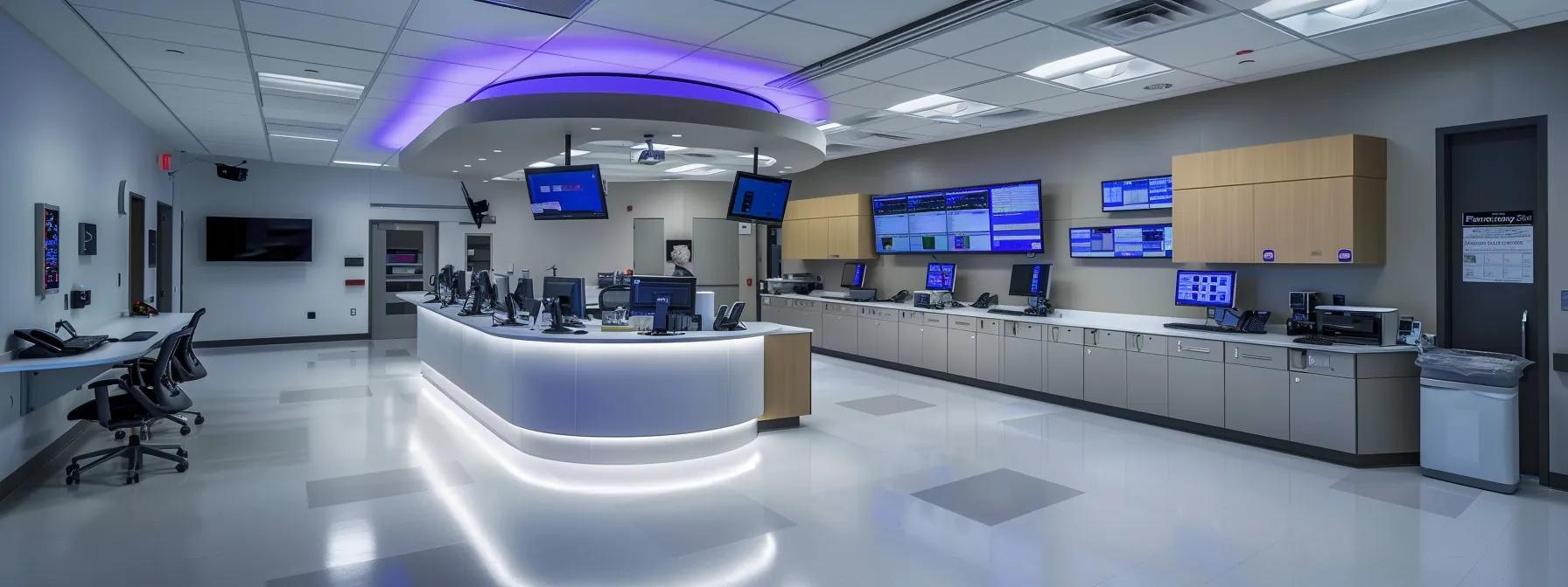 a modern dental clinic featuring a sleek reception area with high-tech appointment management screens, efficient staff coordinating seamlessly, and patients being guided promptly to treatment rooms, all illuminated by bright, clinical lighting.