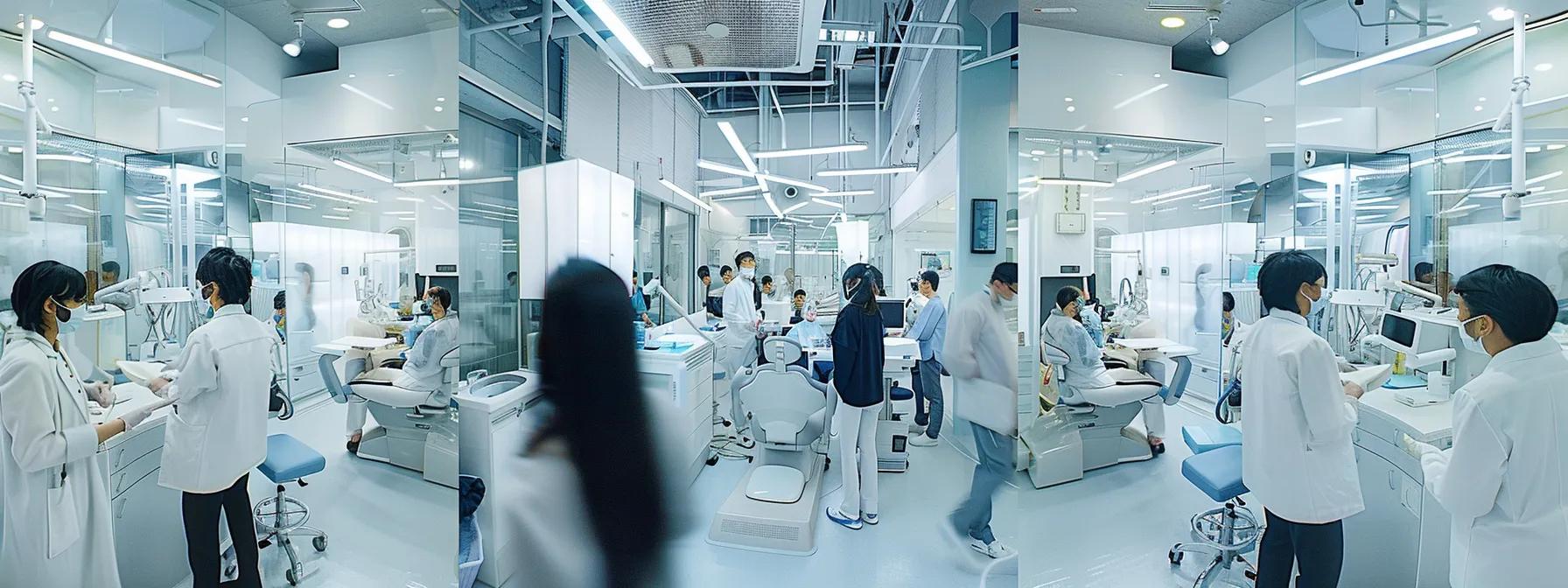 a modern dental clinic filled with patients and professionals engaged in various procedures, showcasing a sleek and sterile setting that highlights the nuanced timing of dentist appointments across different treatments.