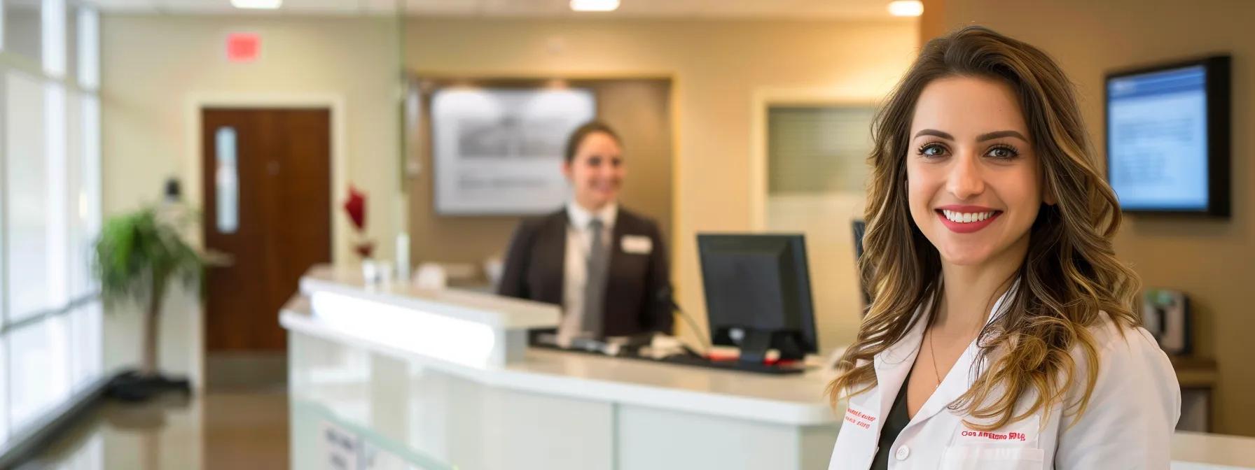 a sleek, modern dental office features a well-organized reception area with digital appointment screens displaying scheduled times, conveying a sense of efficiency and professionalism in patient care.