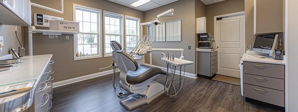 a sleek, modern dental office features a pristine examination chair under bright, clinical lighting, with high-tech dental equipment and organized tools neatly arranged in the background, conveying a sense of efficiency and professionalism in patient care.