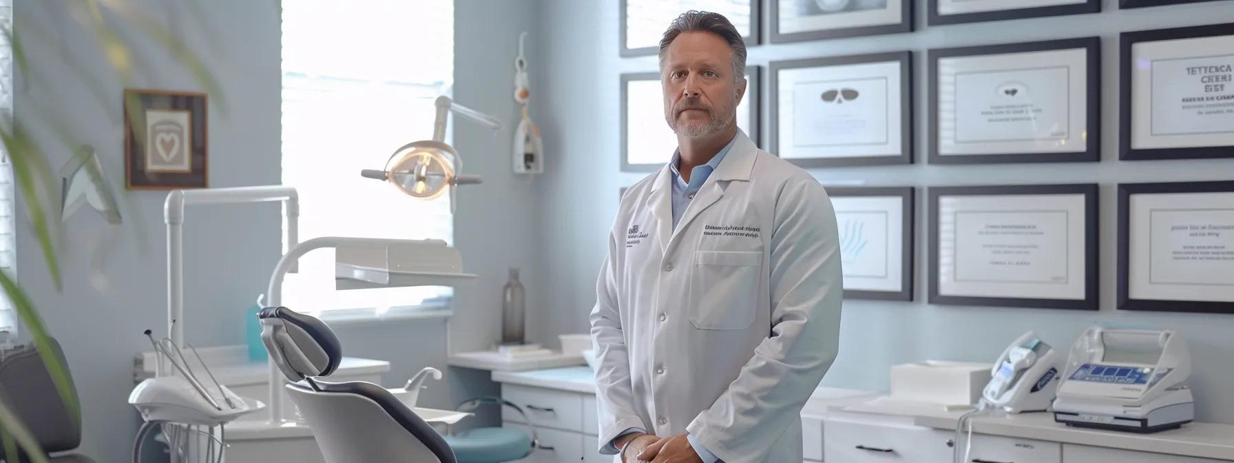 Image of a dentist reviewing licensure and qualifications for professional credibility.