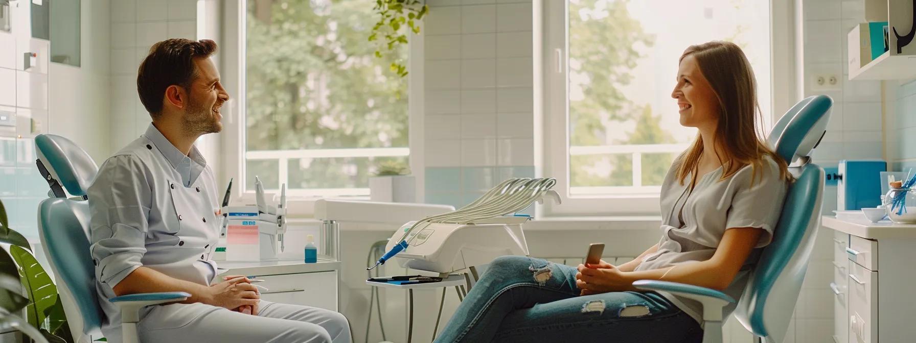 a focused, polished dental office scene captures a concerned patient discussing aftercare instructions with a professional dentist, surrounded by dental tools and care materials in a clean, well-lit environment.