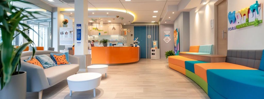 a modern dental clinic reception area, featuring a bright and inviting ambiance, with a prominently displayed emergency dental care sign and comfortable seating for anxious patients.