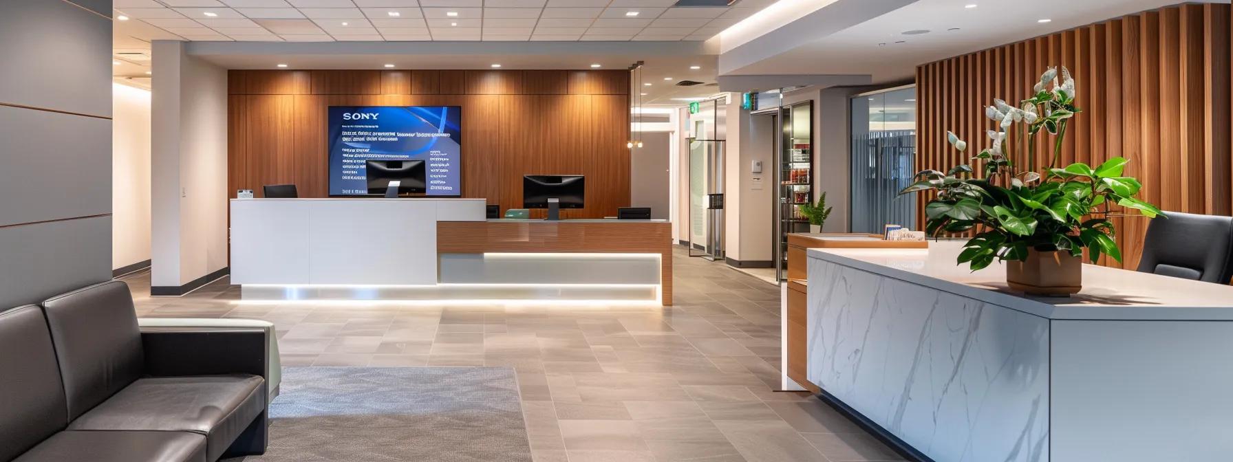 a modern, well-lit dental clinic reception area, featuring a digital display of emergency contact information and bright, inviting decor, emphasizing the urgency and accessibility of 24/7 dental services.