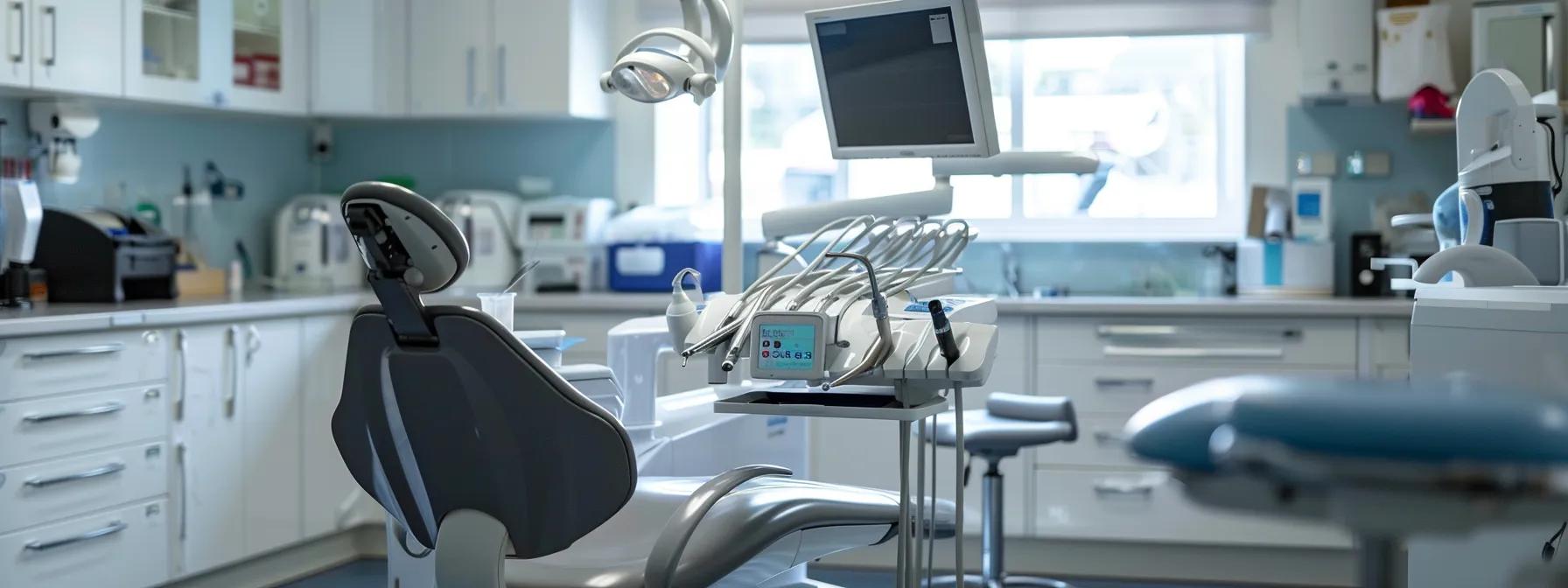a polished dental office with advanced equipment and a focused dentist examining a patient's open mouth, highlighting the urgency and professionalism of emergency dental care.